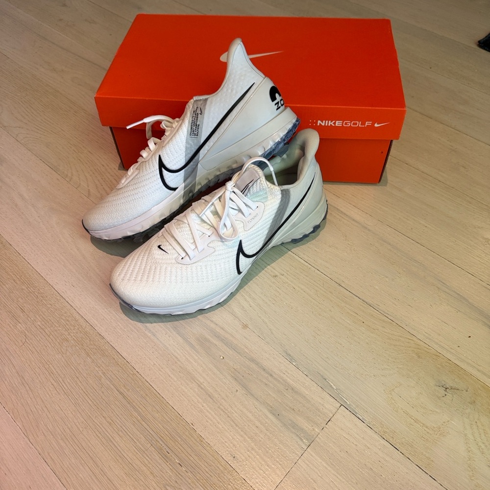Nike Air Flyknit Zoom Infinity Tour White Golf Cleats with Black Swoosh Accent